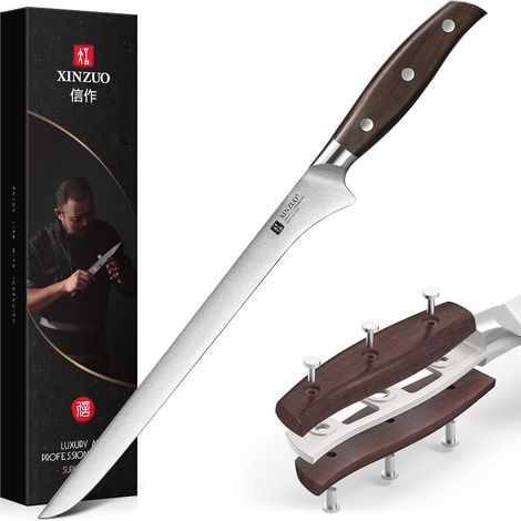 25.5 cm Ham Knives, Stainless Steel 1.4116 German Slicing Knife Chopping Knife – Multifunctional Barbecue Knife for Ham, Meat, Fish – Red Sandalwood Handle (1/5)