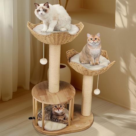 Bingopaw Arbre à Chat Hauteur 99 cm en Bois - Tour de Jeux pour Chat avec Griffoir en Sisal - 2 Plateformes avec 1 Niche - Centre d'activités pour Chats