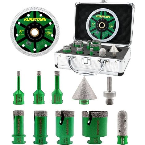Foret Diamant Carrelage Kit 11 pièces 6/8/10/20/25/35/50mm+20mm Fraise+50mm Chanfrein+125mm Disque Diamant Carrelage+Adaptateur pour Porcelaine Céramique Granit Marbre (1/5)