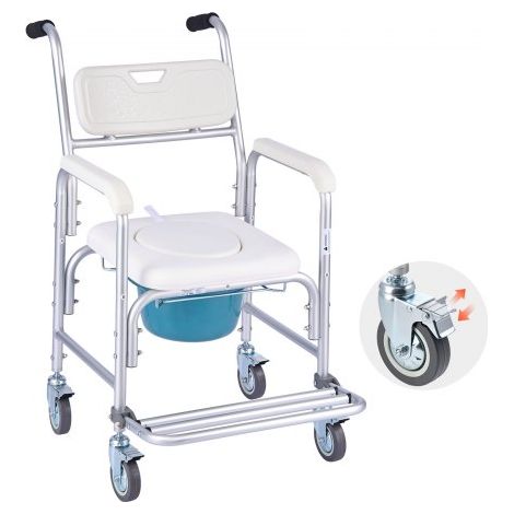 Silla de Baño Portátil con Ruedas y Capacidad de 159 kg, 4 en 1, con Asiento Elevado y Respaldo Acolchado, Reposapiés Abatible, Cubo Desmontable de 5 L y Ducha para Personas Mayores, Blanco (1/5)