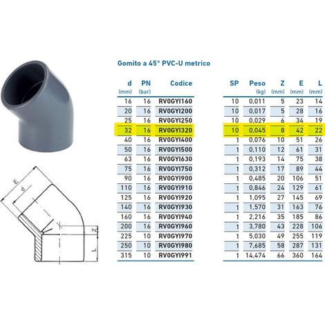 Gomito a 45° PVC-U metrico ø32 PN16 per incollaggio INPFGY132000 - -  IRRITEC - -