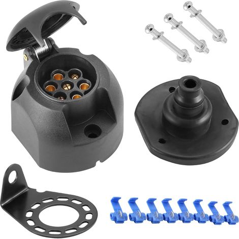 Adaptador de conector de remolque de 7 pines hembra, impermeable, 12 V, 7 pines, para remolque de coche, con kit de soporte de montaje y sello trasero impermeable. (1/3)