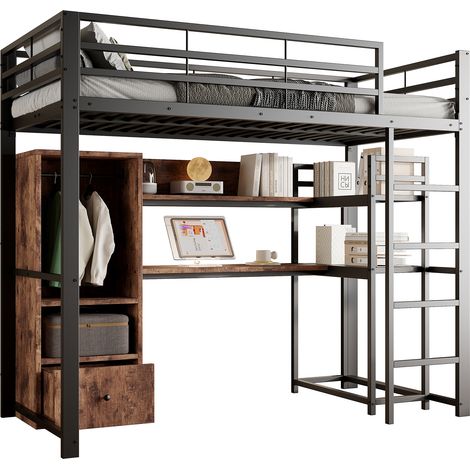Hochbett 90 x 200 Cm Mit Schreibtisch, Kleiderschrank, Regalen Und LED, Ohne Matratze, Aus Metall Und MDF, Schwarz (1/5)