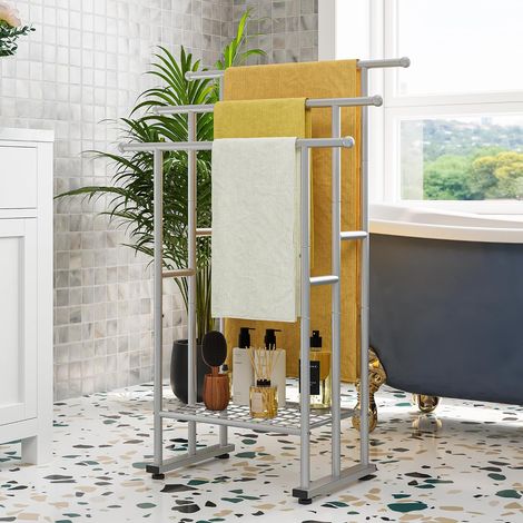 Porte-serviettes sur pied pour salle de bain, 3 barres en métal noir avec étagère de rangement, séchoir à serviettes autoportant, design moderne pour salle de bain, argenté (1/5)