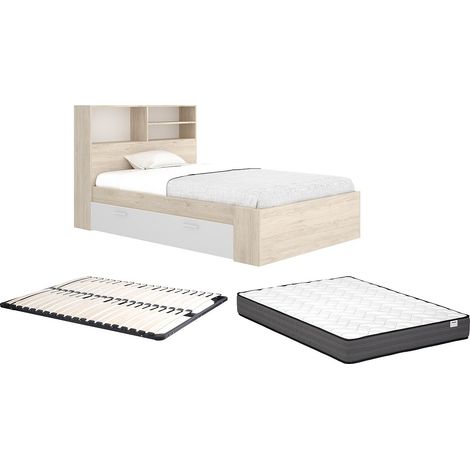 Letto 120 x 190 cm Con vani portaoggetti Naturale e Bianco + Rete a doghe + Materasso  - VARDIEL
