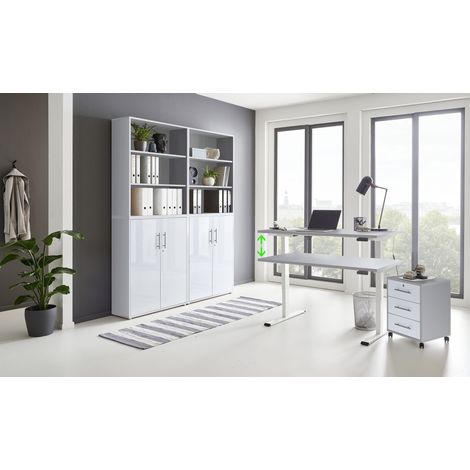 BMG Möbel Büromöbel komplett Set mit elektrisch höhenverstellbaren Schreibtisch Arbeitszimmer e-Dition in lichtgrau/weiß Matt Gestell weiß
