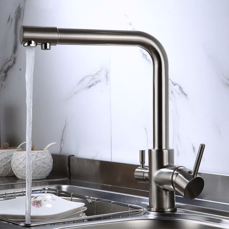 Robinet Cuisine 2 Modes Pulvérisation Pivotant 360° Mitigeur Monocommande Acier Inoxydable Brossé (1/5)