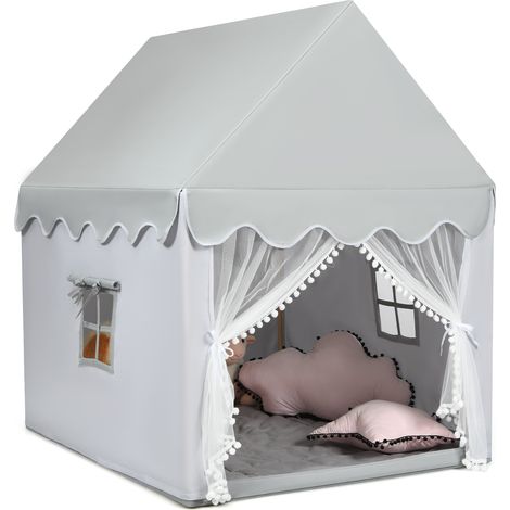 COSTWAY Kids Play Tent Indoor Playhouse with Padded Mat-Grey (1/5)