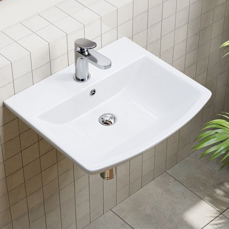 HOROW Lavabo Sospeso 50 cm - Lavabo Bagno in Ceramica - Bianco - Foro Rubinetto - Troppopieno (1/5)