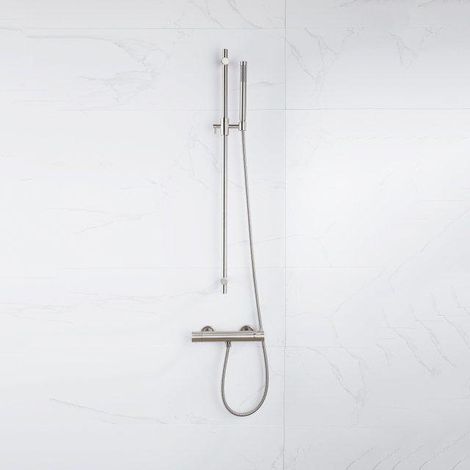 Fortifura Calvi Ensemble de douche barre curseur avec douchette stick, flexible lisse et robinet de douche Inox brossé PVD (1/5)