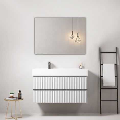 Mobile bagno sospeso cannettato 100 cm Bianco Lavabo a Sinistra in Resina Specchio Quadro - Fiji Paint