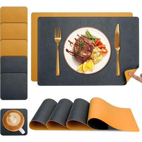 Tischsets und Untersetzer, Tischsets, 6er-Set, waschbare doppelseitige zweifarbige Leder-Tischsets, leicht zu reinigende rutschfeste Tischsets (Blau/Gelb, 6er-Set)