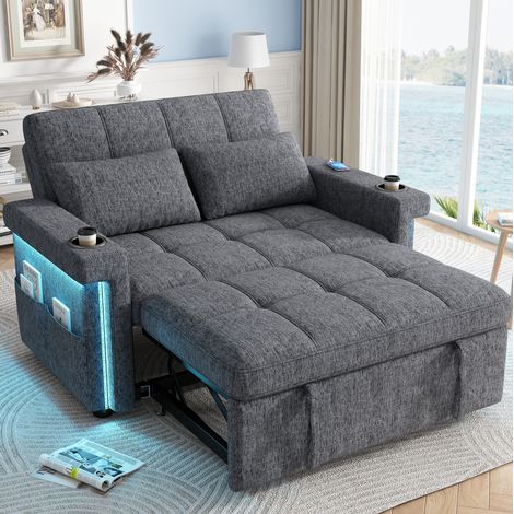 Canapé-lit convertible 2 places, LED, ports USB/Type-C, dossier réglable, 145x141,5x90 cm, chenille gris (1/5)