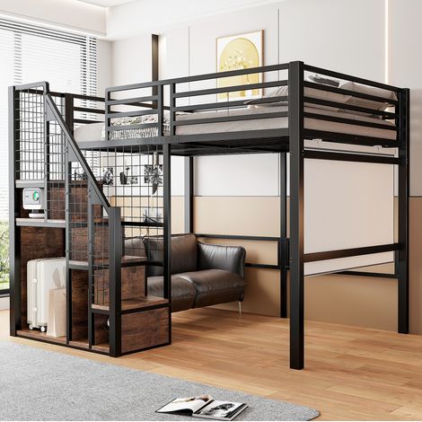 Letto rialzato 140x200 cm con vano portaoggetti e scala, in metallo nero, materasso non incluso (1/5)