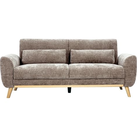 Divano scandinavo 3 posti in tessuto effetto velluto testurizzato taupe e legno chiaro EKTOR