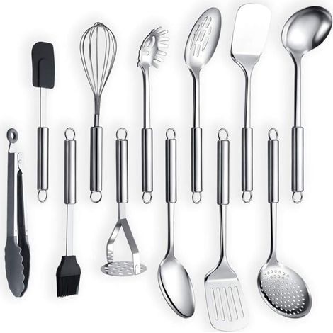 Ustensiles de cuisine - 12 pièces - Acier inoxydable - Finition miroir - Résistant lave-vaisselle - Pour cuisson quotidienne (1/5)