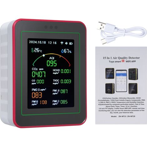 Monitor de calidad del aire 15 en 1: CO/CO2/HCHO/TVOC/AQI/PM0.3-PM10/Medidor de temperatura/humedad, aplicación móvil, conexión Wi-Fi (para el hogar y la oficina). (1/5)