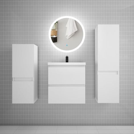 Ensemble meuble vasque L.50cm 2 tiroirs + lavabo + LED miroir 60cm + 2colonne,blanc (1/5)
