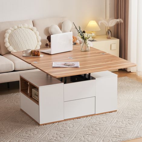 Tavolino sollevabile multifunzionale - Il piano del tavolo si apre su 2 tavoli, bianco + colore legno originale, grande capacità, mobili moderni per soggiorno, tavolo da pranzo per ufficio, tavolo per (1/5)