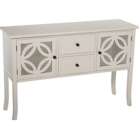 Table d'entrée avec 2 Portes et 2 tiroirs en Bois et Miroir en Blanc, 121 x 37 x 80 cm (1/4)