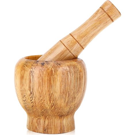 Mortier et pilon en bois pour broyer l'ail, le gingembre et les herbes aromatiques. Récipient de mélange. (1/4)