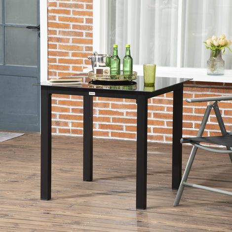 Table de jardin carrée 4 places avec plateau en verre trempé, table de terrasse en aluminium noir, mobilier extérieur pour jardin balcon terrasse, 80 x 80 x 74 cm (1/5)