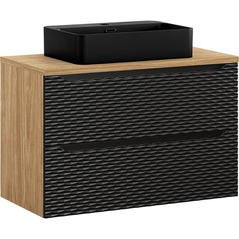 Waschtisch 90cm in Eiche mit schwarz, OLUO-56-BLACK, Front mit 3D-Struktur in Wellenoptik (1/5)