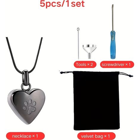 Ensemble de 5 pièces pour cendres d'animaux de compagnie : collier, urne en forme de cœur avec empreinte de patte, outils et pochette en velours inclus, souvenir pour les cendres de chien/chat