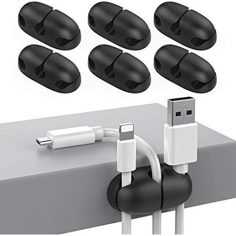 Juego de 6 organizadores de cables para cables de escritorio, clips adhesivos resistentes para organizar cables USB, para el hogar, la oficina y el coche (negro). (1/5)
