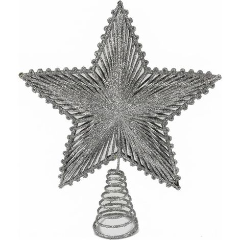 Puntale per Albero di Natale ARGENTO a Stella Glitterata in Metallo cm 26   con Base a Spirale largo 20 cm Topper Decorativo Elegante per Addobbi Natalizi Tradizionali e Moderni (1/3)