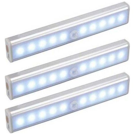 Pack de de 3 Lampes 10 LED, XU, Sans filaire, Rechargeable par USB, Aimanté, Détecteur de Mouvement, Transportable. Lumière de Placard, Baladeuse de Secours, Veilleuse Enfant, Appoint -