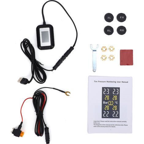 Reifendruckkontrollsystem, Echtzeitanzeige von Reifendruck und -temperatur mit Farbdisplay, 4 externe Sensoren, akustischer und optischer Alarm, Anschlussmöglichkeit an (1/5)