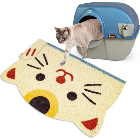 Tapis Litière Chat, Design de Tête de Chatte Tapis pour Bac à Litière en PVC, Tapis pour Chat Antidérapant, Imperméable et Résistant à l'Urine, 40 x 60 cm, Beige (1/5)