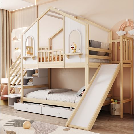 Litera infantil casa 294x96x221.5 cm, con tobogán, escalera con almacenaje, madera, blanco y natural (1/5)