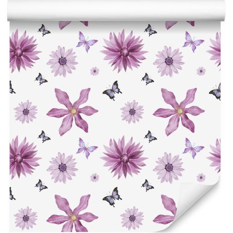 Papier peint fleuri blanc et violet pour salon et chambre 50x1000 cm (1/5)