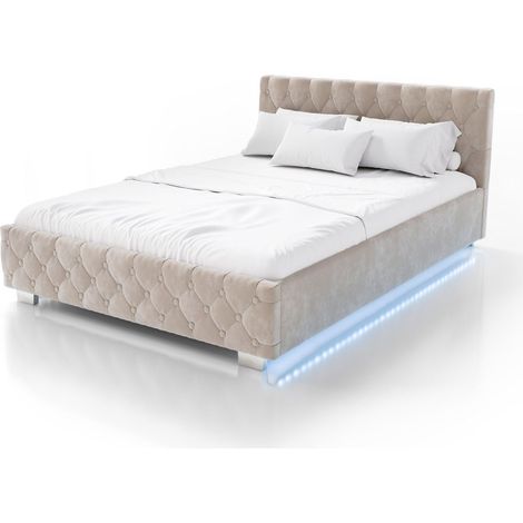 Letto imbottito Nizza   Beige  140 x 200 cm  Struttura letto con illuminazione LED, rivestimento in velluto e contenitore (1/5)