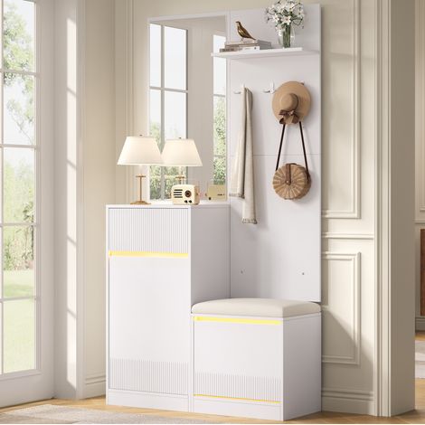 OKWISH Garderobenmöbel mit Schuhschrank und Spiegel, Weiß, 105 x 38 x 190 cm (1/5)