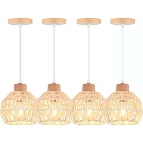 Lot de 4 Lampe Suspension Rétro en Cage Lustre Plafonnier Abat-jour en Rotin Blanc E27 Luminaire Industriel pour Salon (1/5)