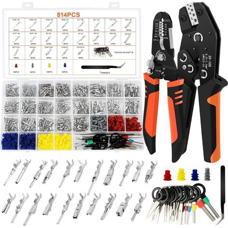 Kit de connecteurs auto 816 pièces avec pince à sertir et pince à dénuder, cosses 1,0–3,5 mm, bouchons étanches et extracteurs de broches pour voiture, moto, bateau (1/5)