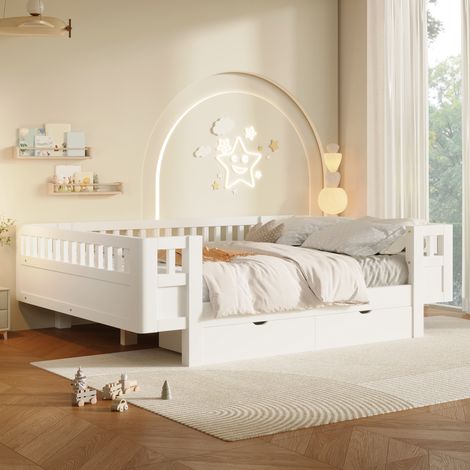 Lit plateforme 140x200 blanc avec barrière haute sécurisée et 2 grands tiroirs, sommier inclus (1/5)