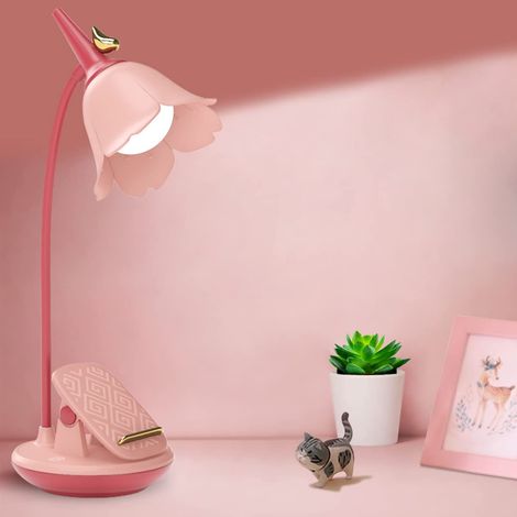 Lampe de bureau rose avec pince, petite lampe LED rechargeable, col de cygne ajustable, gradation lumineuse mignonne pour chambre d'enfant, dortoir, bureau (1/5)