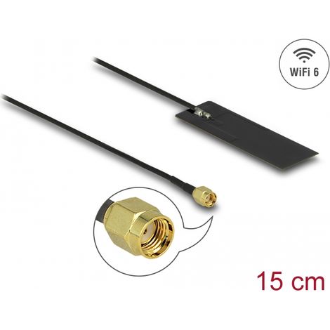 Delock Antena WLAN WiFi 6 802.11 ac/ax/a/h/b/g/n RP-SMA macho de 2 - 4 dBi y PCB de 15 cm interna autoadhesiva