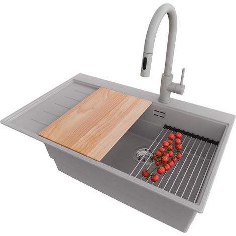 PRIMAGRAN Evier Cuisine en Granit 78x50cm,Lavabo 1 bac + Robinet 40x20cm + Kit de Vidage + Accessoires, Évier à Encastrer au meuble 60cm - Sydney, Gris