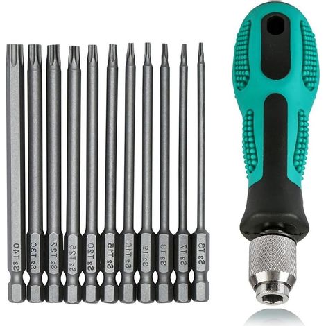 12-teiliger Torx T6-T40 Schraubendrehersatz - Länge: 75 mm - Magnetisch - 1/4" - Mit S2-Bohrung - Stahl - Für Akkuschrauber T20 T25