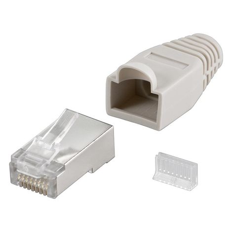 Conector RJ45 Goobay 68746, CAT 5e STP blindado con funda de alivio de tensión, color gris.