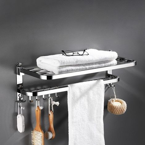 Porte-serviettes mural de 50 cm, porte-serviettes en acier inoxydable 304 sans perçage, porte-serviettes pliable à double couche (1/5)