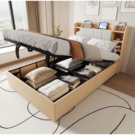 Letto 140x200 cm in MDF naturale, con contenitore, USB-C, per camera da letto FloraGrace (1/5)