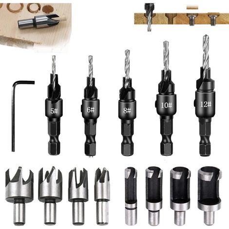 14 Pcs Fraise Metal Bois Kit,8 Pcs Meche a Bouchonner Bois,5 Pcs 1/4 Mèche à Bois pour Perceuse, Avec Clé Hexagone, pour Fraises Ensemble de Forets le Travail du Bois (1/5)