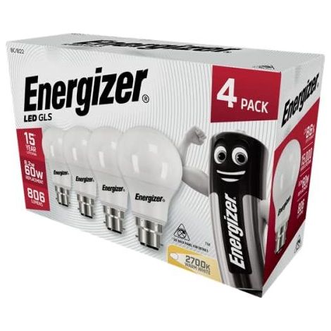 Energizer S14056 LED BC (B22) Opal GLS Non-Dimmable Bulb, Warm White 806 lm 8.2W (Pack 4) ENGS14056