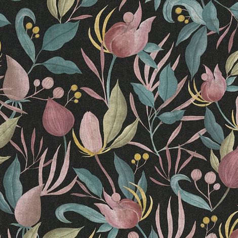 Papel pintado floral Profhome 790622 papel pintado vinílico estampado en caliente tejido non tejido ligeramente texturado con ornamentos florales mate negro rojo-viejo azul pastel amarillo oliva 5,33